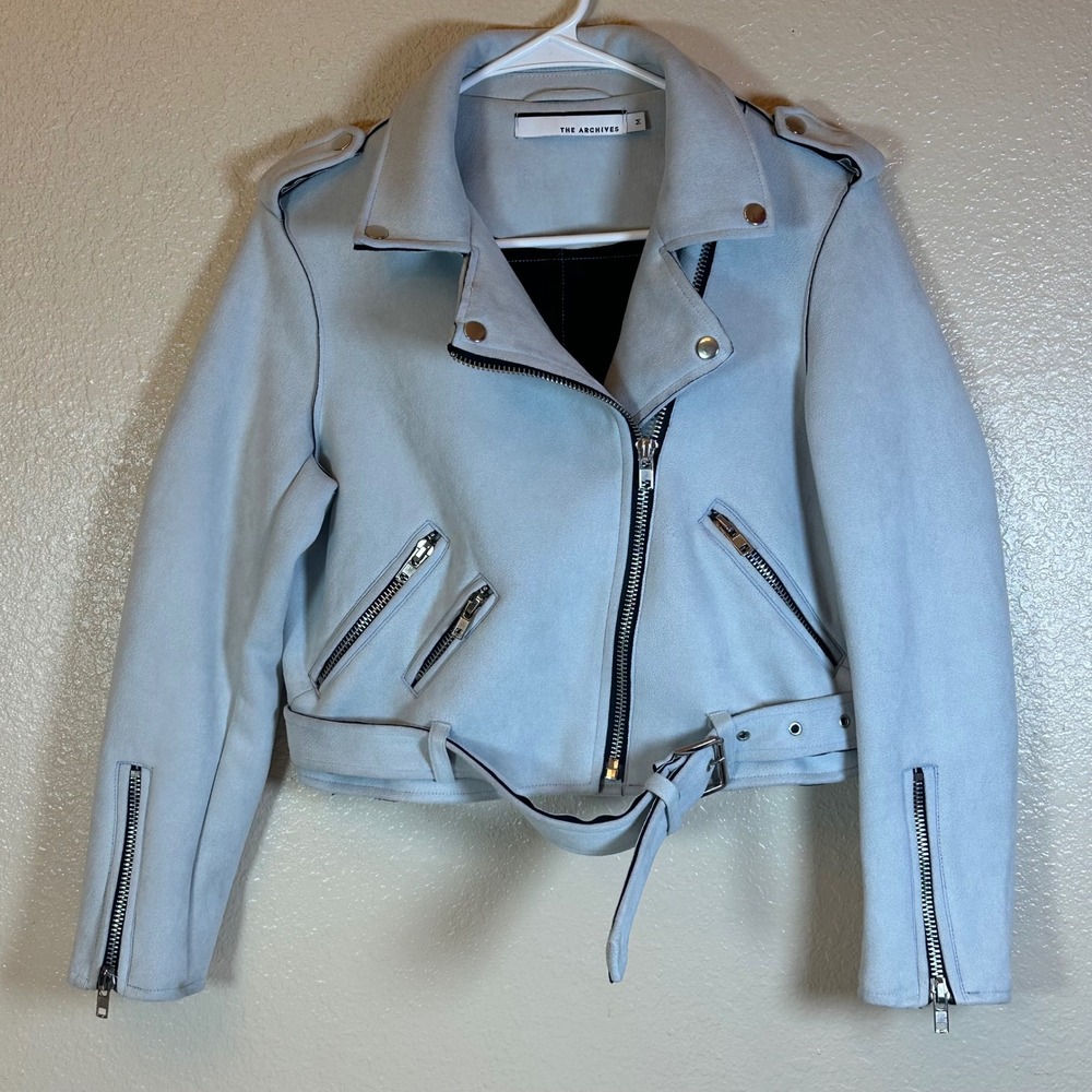 The Archives Light Blue Faux Suede Moto Biker‎ Jacket Womens Medium S5169